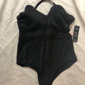 Black one piece Torrid bathing suit w/ mesh waist